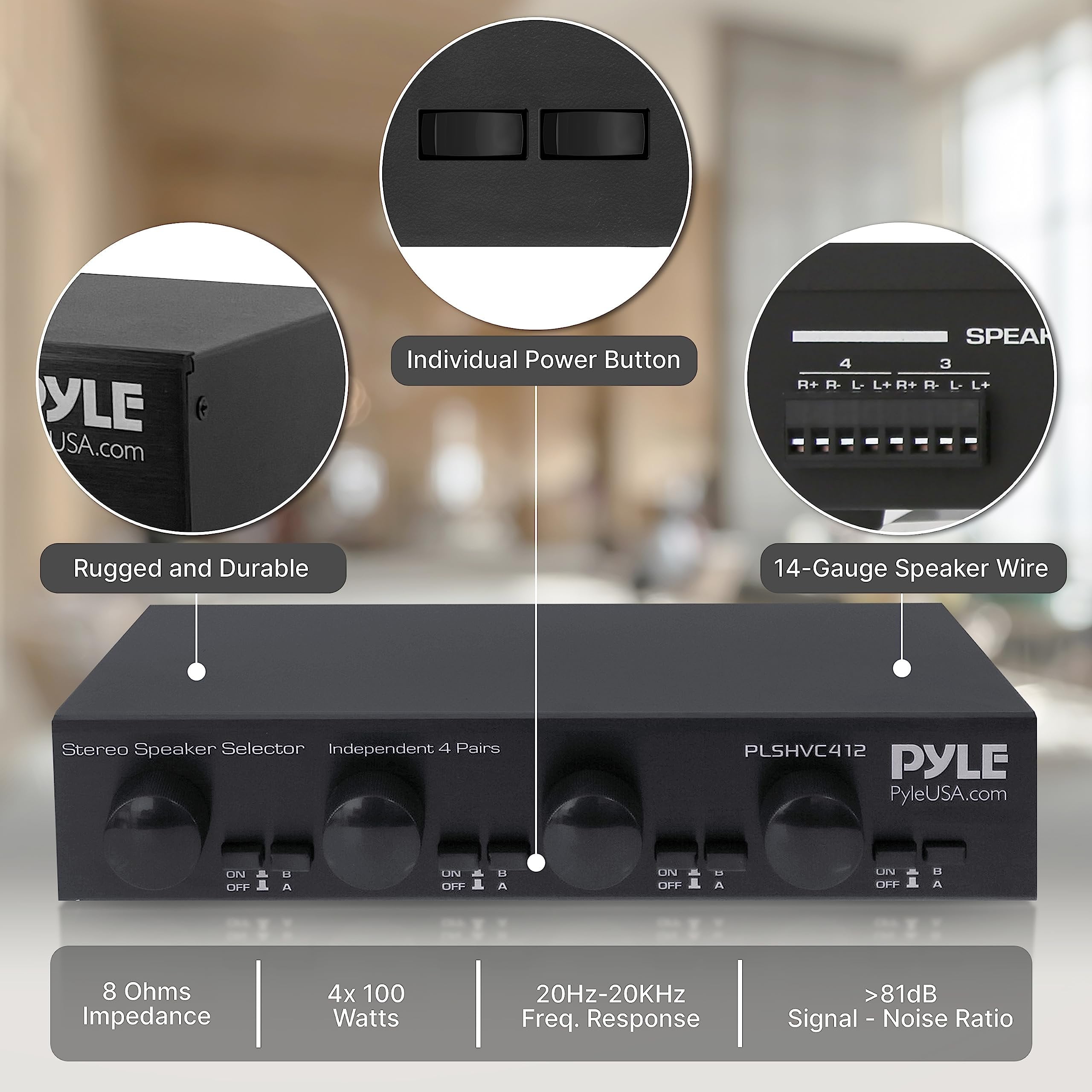 6 Channel High Power Stereo Speaker Selector with Volume Control
