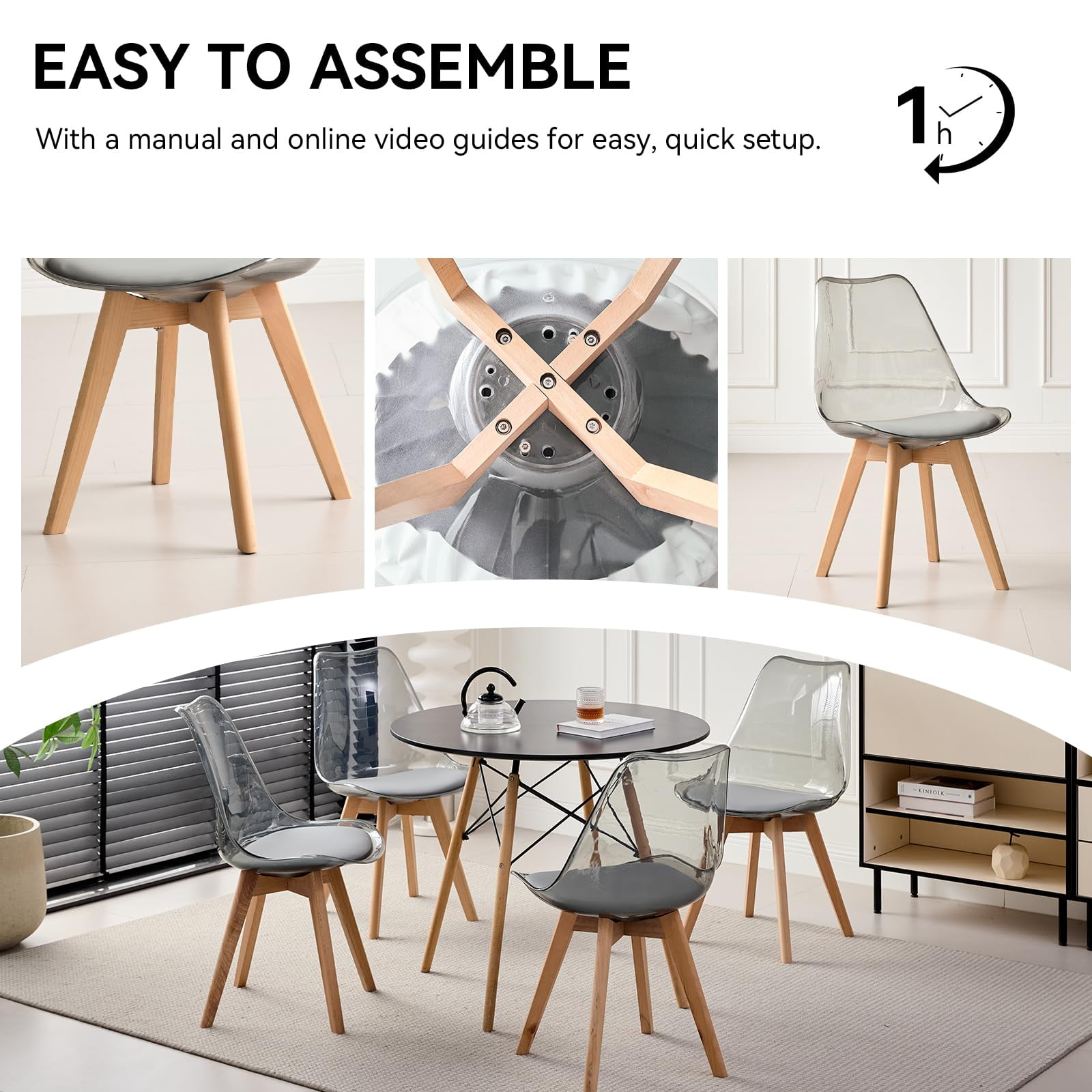 5 Piece Round Dining Table Set for 4, 31.5" Kitchen Table with 4 Clear Gray Acrylic Chairs for Restaurant Bedroom Living Room, Space Saving Black Table Chair Set of 4