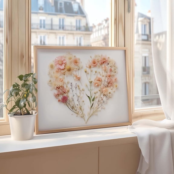 Pressed Flower Heart Wall Art: Boho Floral Poster, Unframed Poster Size 8x12