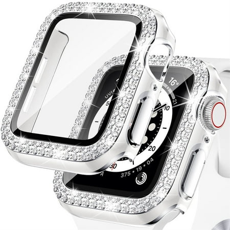 YuiYuKa Glass+Cover Compatible with Apple Watch case 40mm 44mm 45mm 41mm 42mm 38mm iWatch Accessories Bling Diamond Screen Protector Apple watch serie 8 7 6 SE 5 4 3 2 1 - white silver