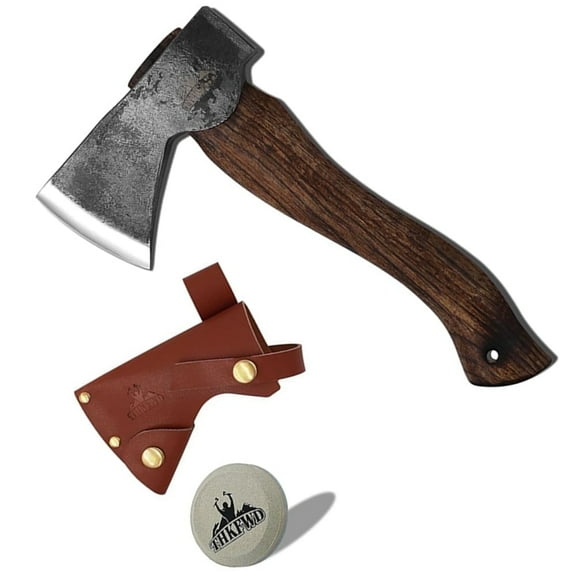 THKFWD 11" Forged Camping Axe with Leather Sheath, Bushcraft Hatchet for Woodworking & Survival