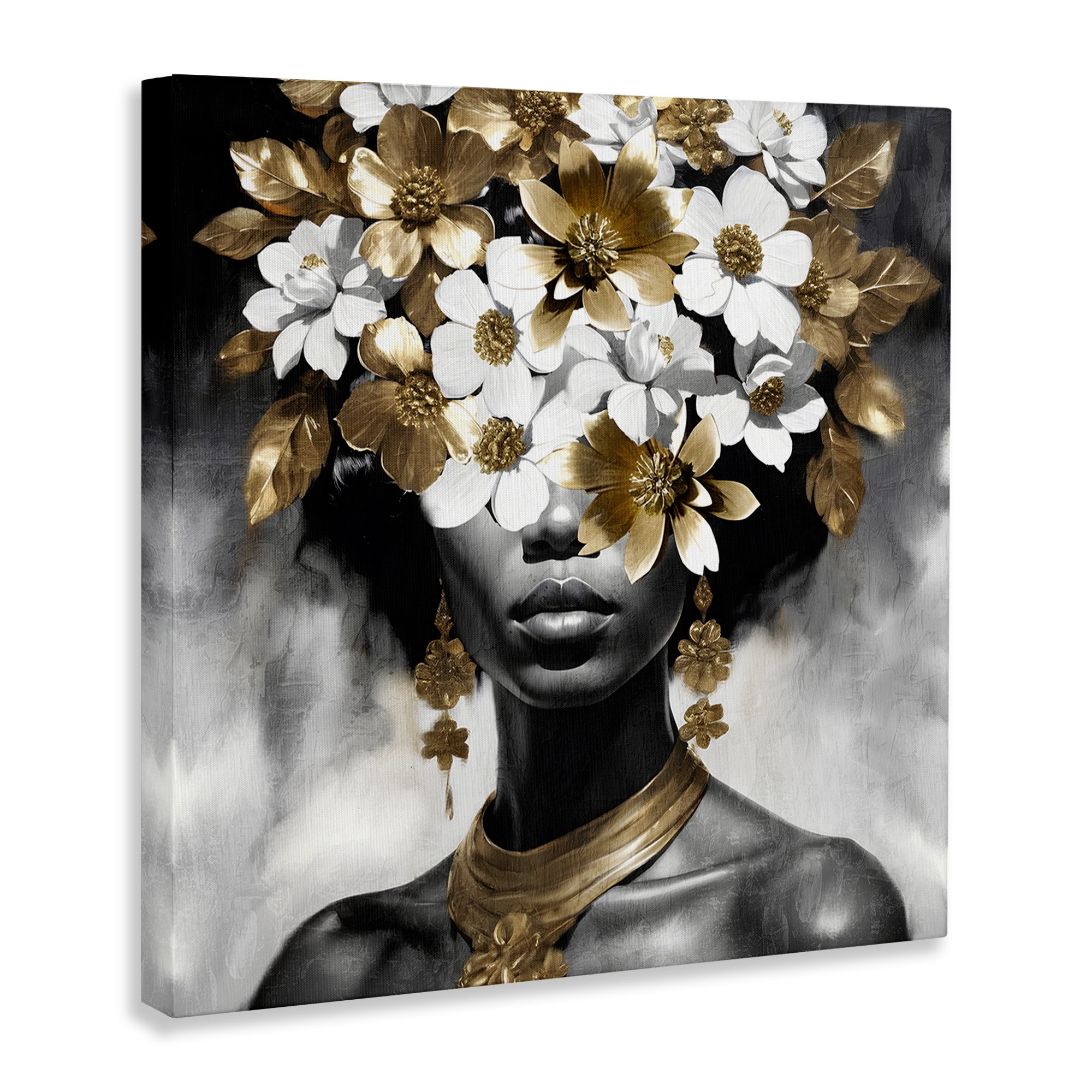 Stupell Industries Woman & Gold Flowers People Painting Wrapped Canvas Art Print Wall Art, 30 x 30