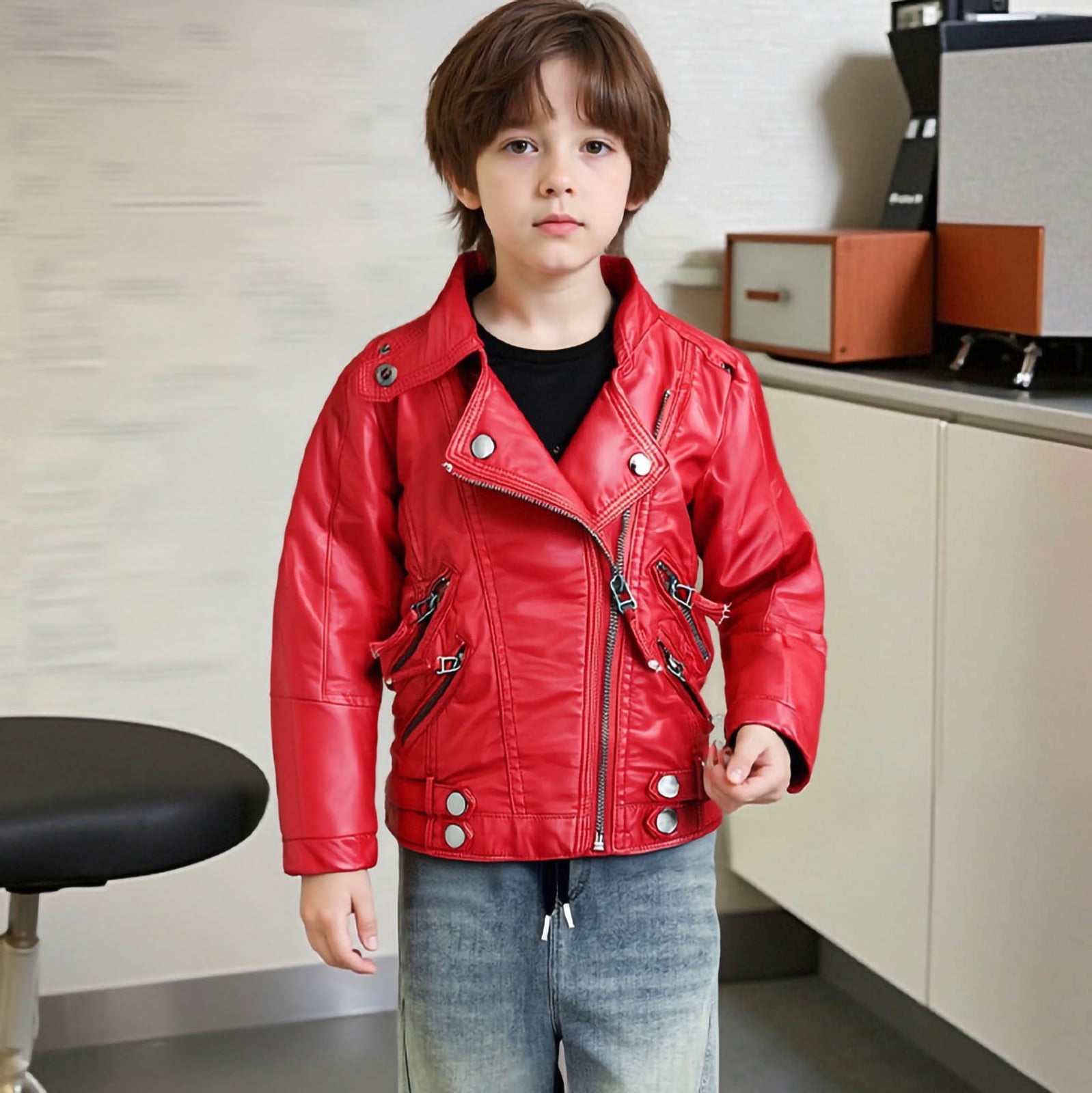 ATOGUTA Girls Faux Leather Jacket Motorcycle & Bomber Style for Kids Windproof Zip Jacket with Pockets Size 2T-14, Red