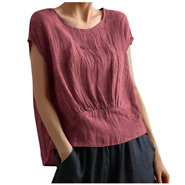 cfhntfmh Hauts d'Été pour Femmes Tendance Manches Courtes Col Rond Blouses Basiques Confortables Couleur Unie T-Shirts Décontractés 2025
