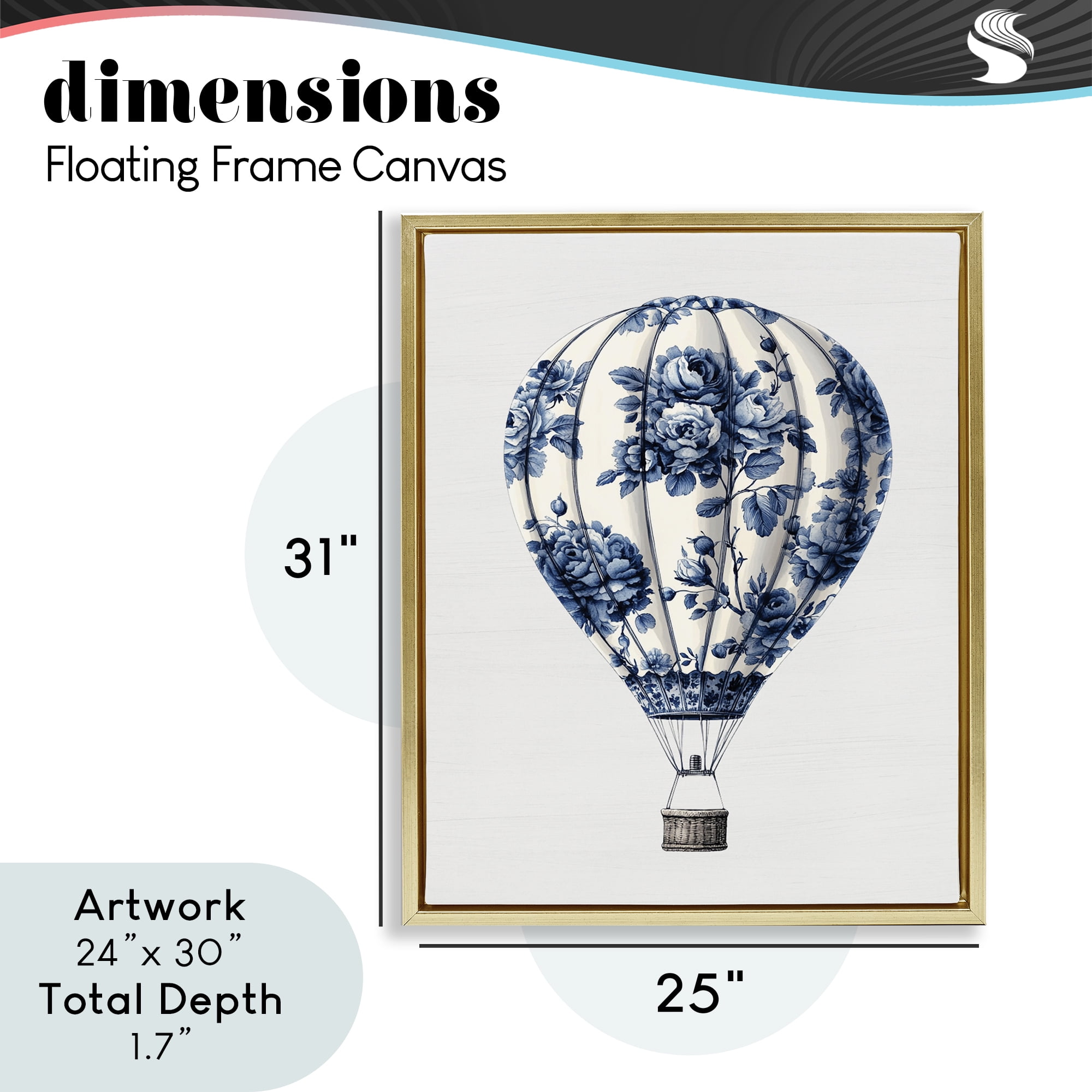 Vintage Toile Hot Air Balloon Gold Framed Floater Canvas Wall Art, design by Lettered and Lined