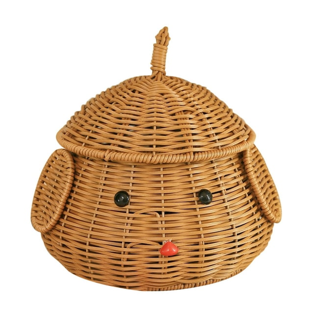 Cesta de almacenamiento de escritorio tejida de imitación de ratán con tapa, contenedor con forma de perro, dispensador hecho a mano, frutero creativo para aperitivos y hogar.