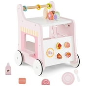Costway Wooden Baby Walker Ice Cream Cart Toy with Sweet Accessories & Smooth Wheels Pink