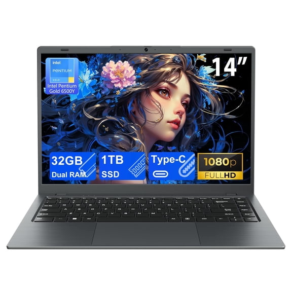 RNRUO 14" Laptop Computer, 32GB RAM 1TB SSD Intel 6500Y with 2 Cores, 1080p Display, Dual 4K Output, Type-C PD WiFi5 BT5.0, Office 2024 Windows 11 for Business Study, Dark Gray
