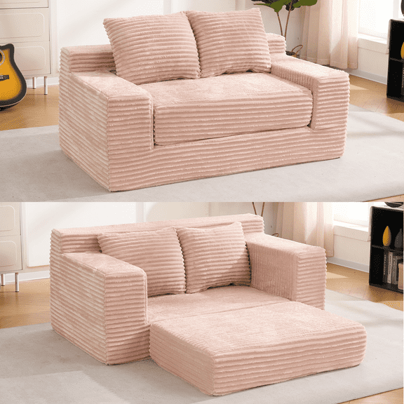 Memory Foam Loveseat Compression Sofa, Convertible 2-in-1 Sleeper Couch, Compact Corduroy Sofa for Small Spaces, Pink