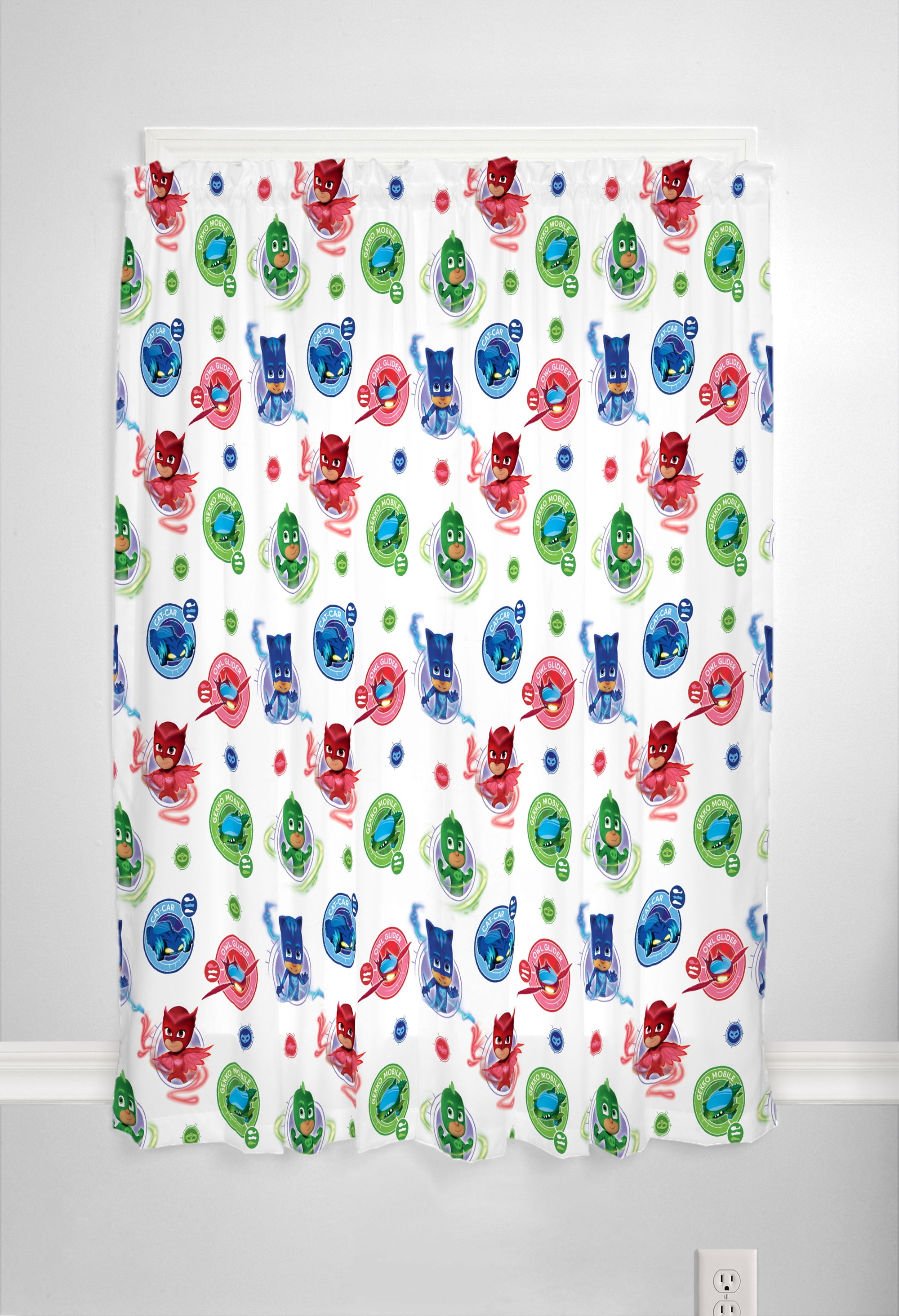 PJ Masks Kids Bedroom Window Curtains, 2 Panel Set, Microfiber, 63" Length, White