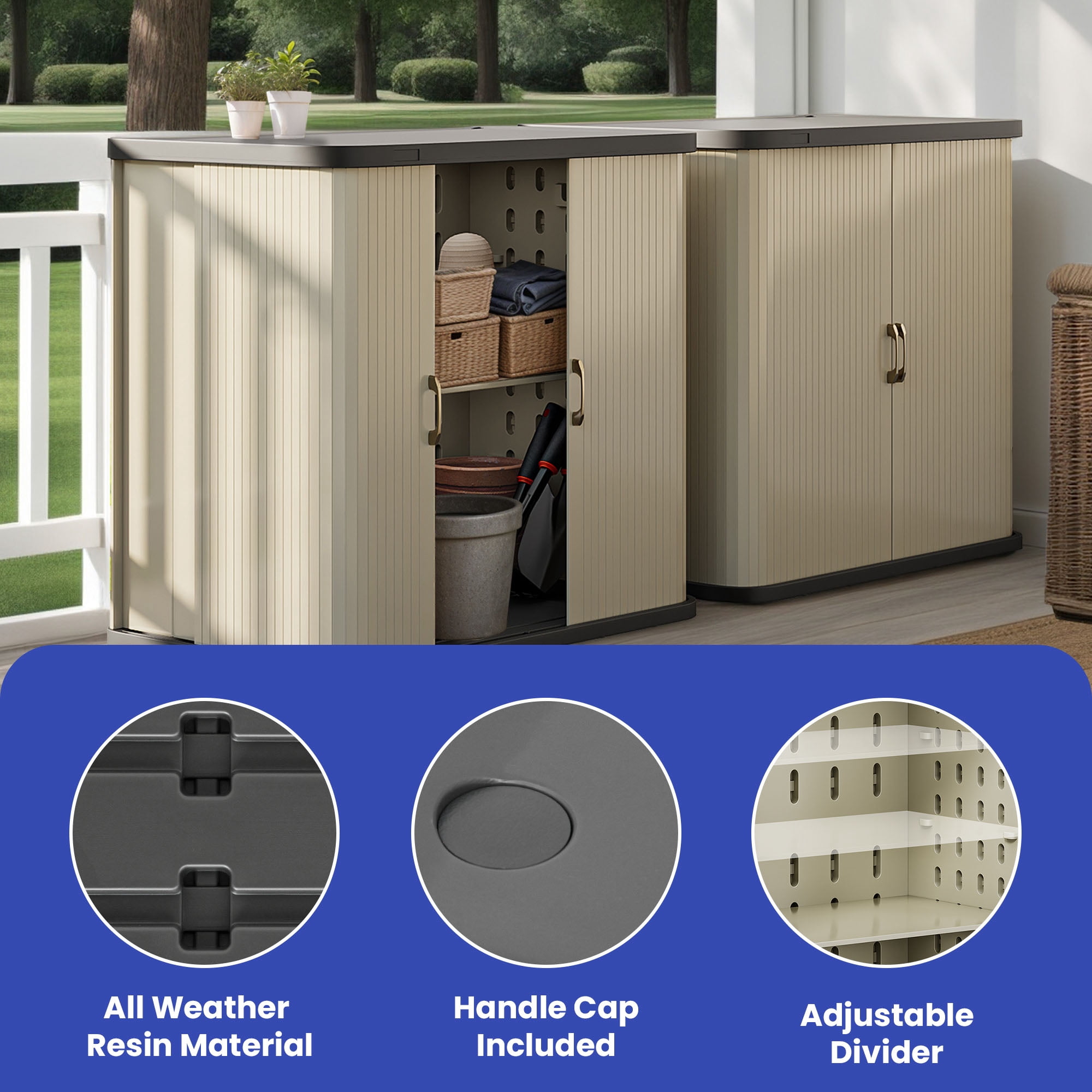 Uforic 73 Gal Large Weatherproof Outdoor Storage Cabinet, Dual-Wall Resin with Sliding Doors, Light Gray