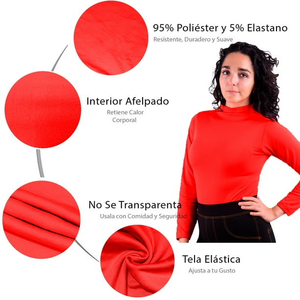 Blusa Termica Mujer Roja Manga Larga Unitalla Cuello Alto Playera Casual Basica Camiseta Uso Diario