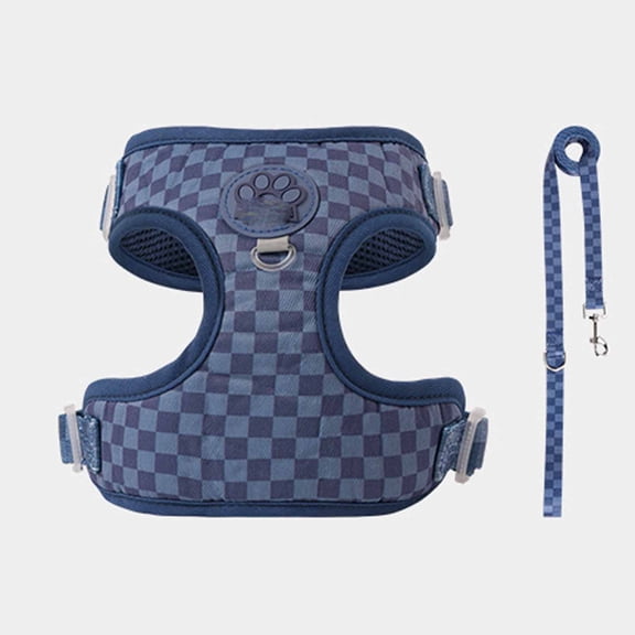 Dog Harness and Leash Set for Small Dogs Escape Proof Adjustable Checkerboard Puppy Vest I-Shaped Padded Mesh Chest Harness for Small Dogs Cats Puppies Blue