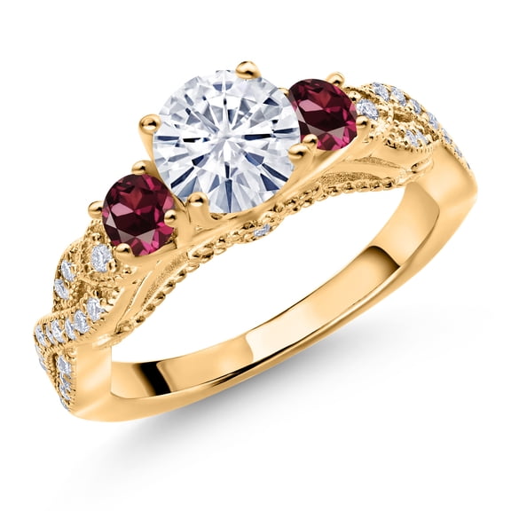 Gem Stone King 18K Yellow Gold Plated Silver White Moissanite and Red Rhodolite Garnet Engagement Ring for Women (1.31 Cttw, Gemstone, Round 6MM and 3MM, Size 8)