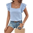 thumbnail image 2 of Yunliwuli Women's Shirred Tops Casual Slim Square Neck Fly Sleeve Solid Color T-Shirt for Summer, 2 of 7