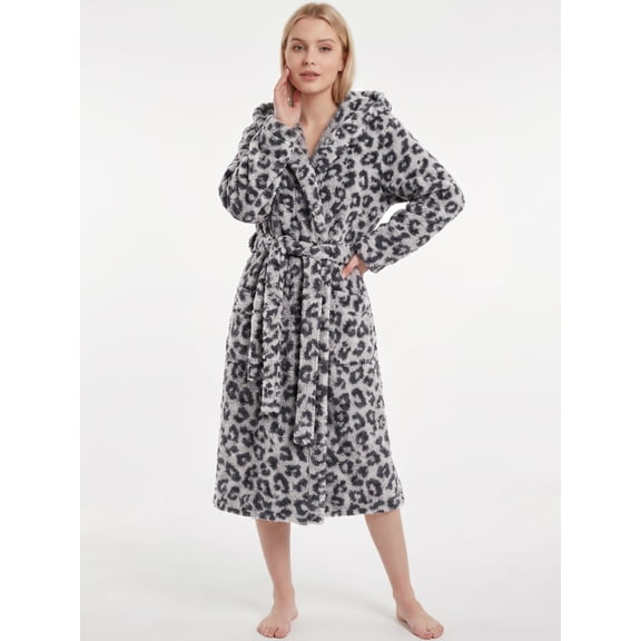 U2SKIIN Womens Plush Fleece Robe, Leopard Print Hooded Long Bathrobe, Soft Fluffy Warm Loungewear