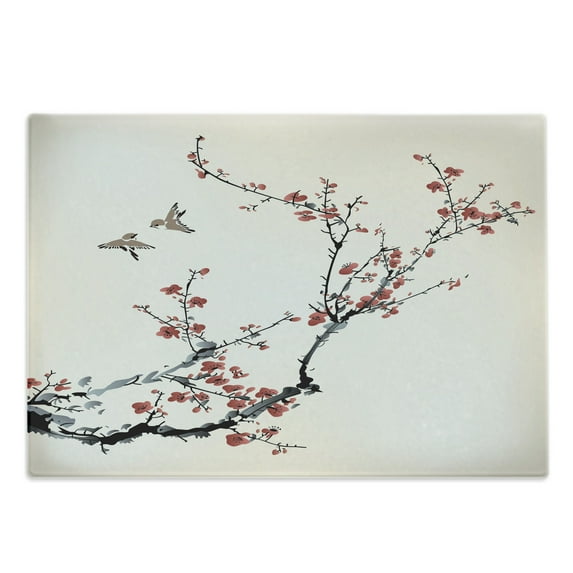 Nature Cutting Board, Flowers Buds and Birds with Cherry Branches Style Art Painting Effect, Decorative Tempered Glass Cutting and Serving Board, Large Size, Pale Maroon Black, by Ambesonne