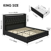 Homfa King Size LED Bed Frame with Outlets and USB Ports & Display Platform, 4 Storage Drawers Modern Wingback PU Leather Crystal Button Upholstered Platform Bed Frame, Black