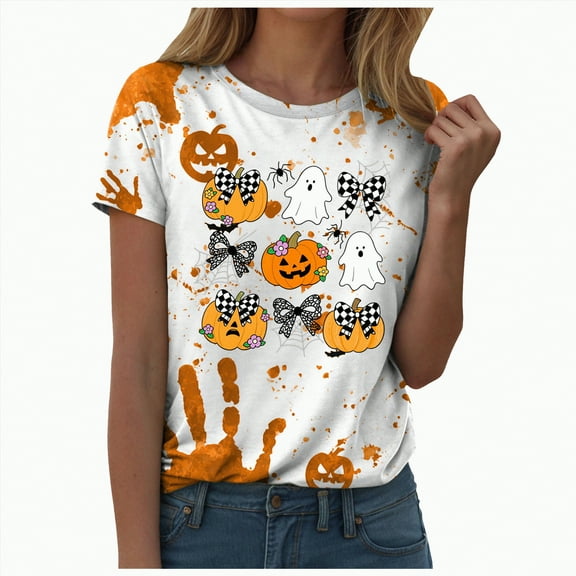 HCNTES Halloween Shirts for Women Novelty Pumpkin Graphic Print Thanksgiving Fall Tee Tops(M,A403-Orange)