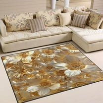 3d Gold Flowers Area Rug Washable 80 x 58 Floor Carpet Mat Non Slip for Bedroom Living Room Home Decor