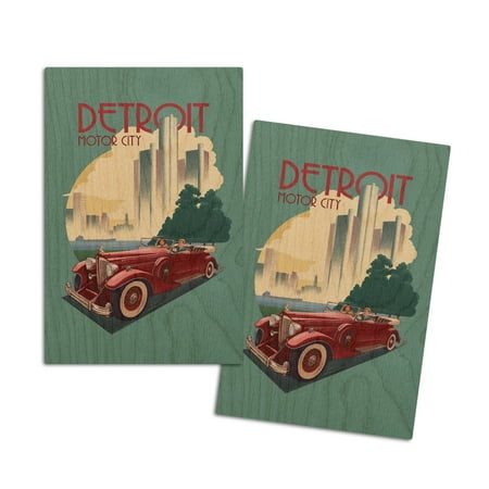 

Detroit Michigan Vintage Car and Skyline Contour (4x6 Birch Wood Postcards 2-Pack Stationary Rustic Home Wall Decor)