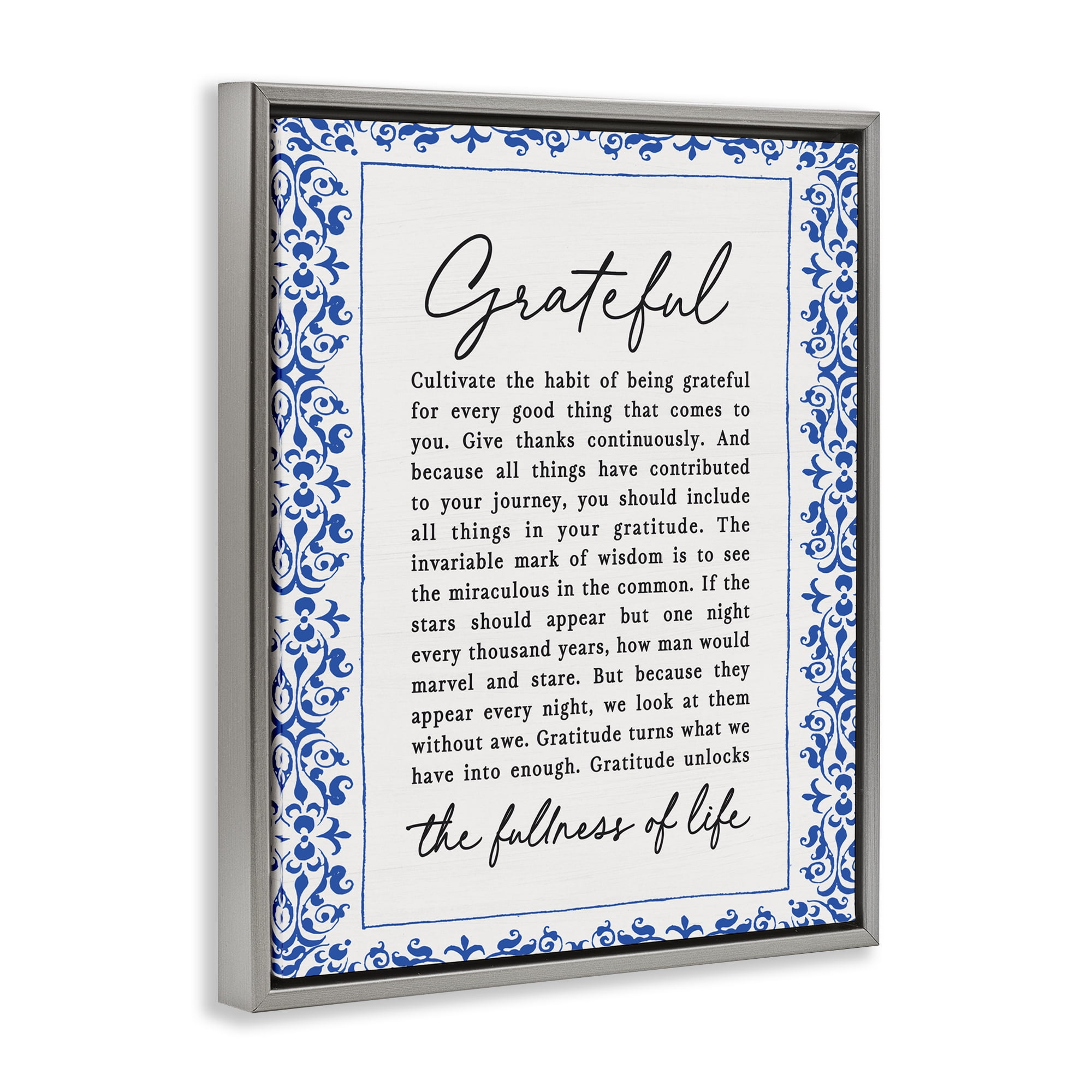 Gratitude Unlocks Fullness Of Life Gray Framed Floater Canvas Wall Art, design by Lettered and Lined