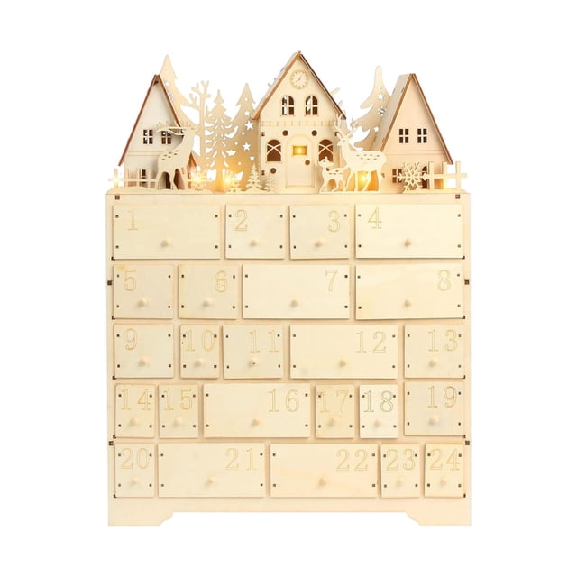 Cajón Calendario LED Navideño, Calendario de Adviento, Navidad, Decoración de Mesa con 24 Cajones de Almacenamiento para Regalo, Oficina,