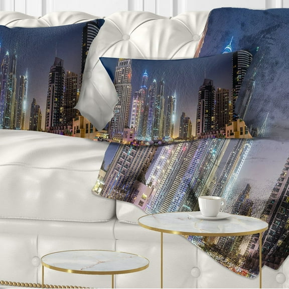 Designart Dubai Downtown in Summer Night - Cityscape Photo Throw Pillow - 12x20