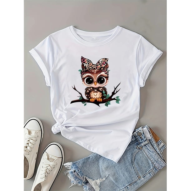 Cartoon Owl Print Crew Neck T-shirt, Short Sleeve Casual Top For Spring & Summer, Women's Clothing