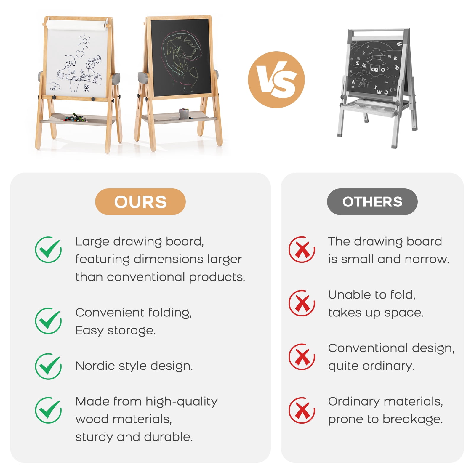 Wood Folding Art Easel for Kids, Double-sided Magnetic Whiteboard & Chalkboard, Adjustable Height Wooden Drawing Board, Educational Gift for Boys and Girls