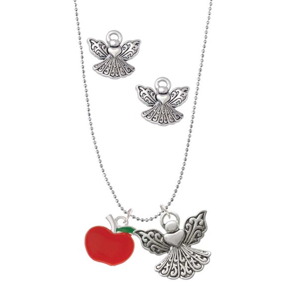 Delight Jewelry Silvertone Small Red Apple Silver tone Guardian Angel Charm Necklace and Stud Earrings