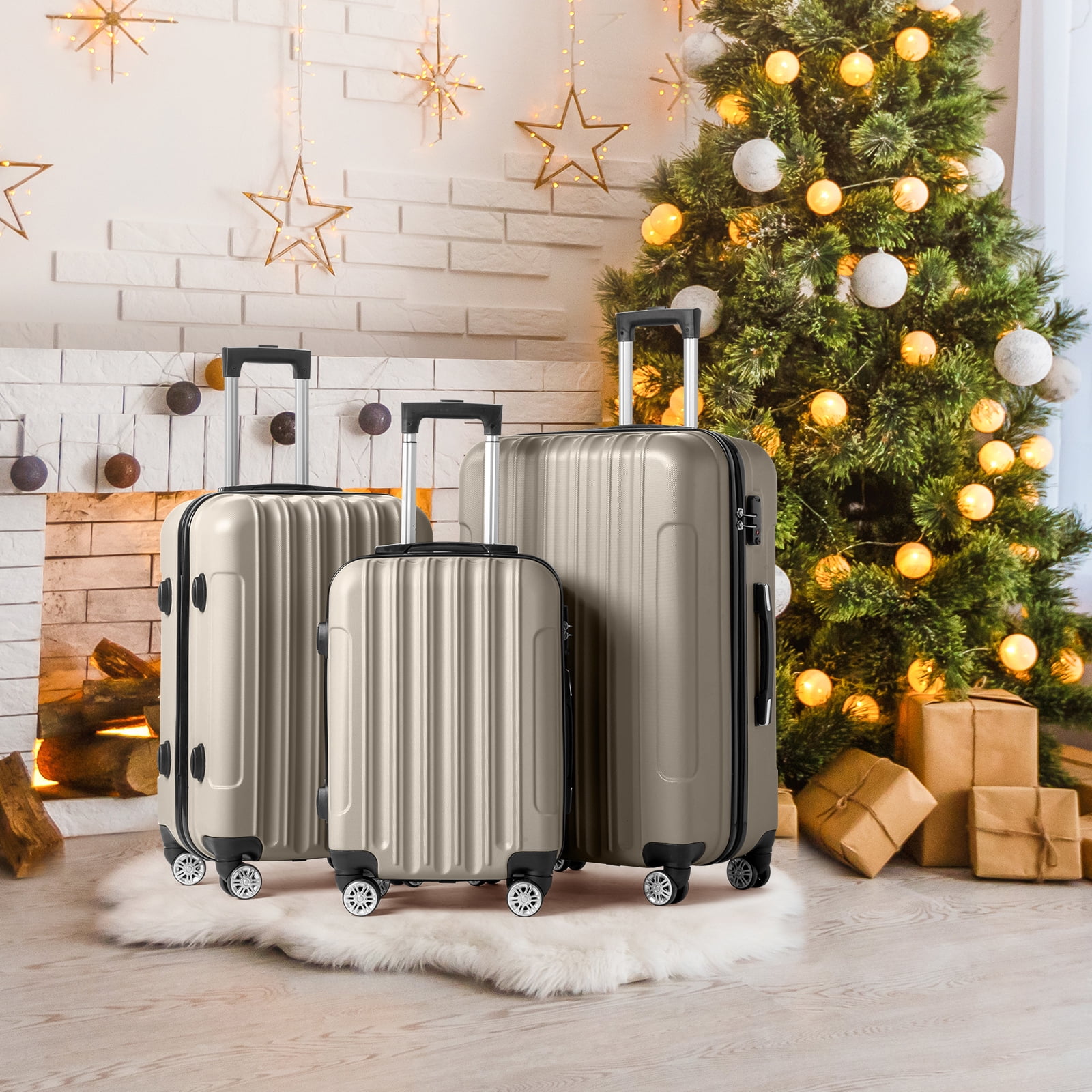 Zimtown 3 Piece Nested Spinner Suitcase Luggage Set With TSA Lock Champagne Gold
