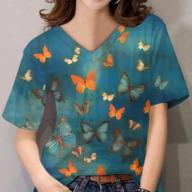 Camisetas con estampado 3d para mujer, ropa informal holgada con estampado de mariposa, Tops básicos Harajuku con cuello en V 5xl, verano 2023