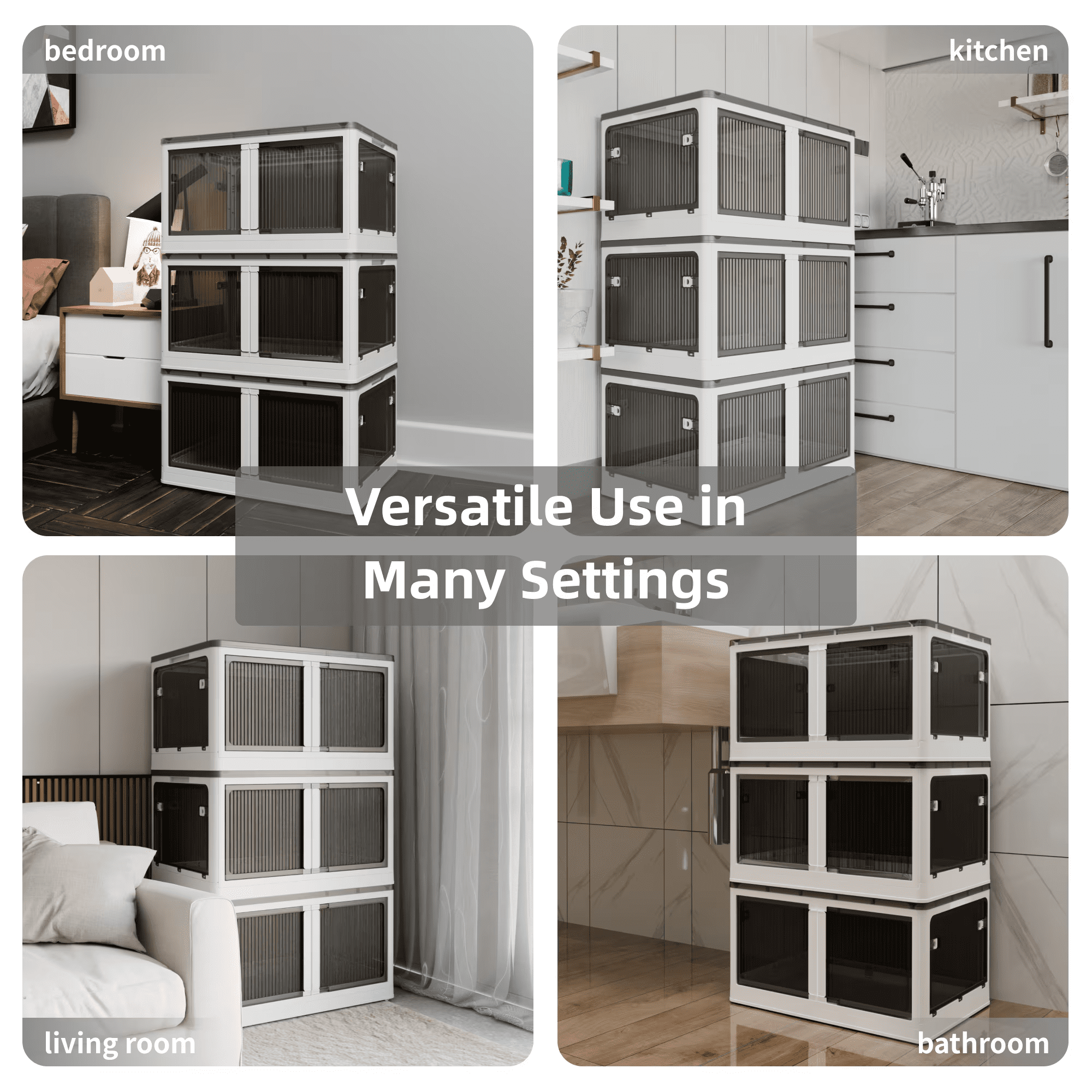 384QT 3-Pack Transparent Stackable Storage Bins with 5 Doors to Open with Wheels, Folding Plastic Craft Containers Large Closet Organizers Box for Bedrooms Living Rooms Study Kids' Toys, White