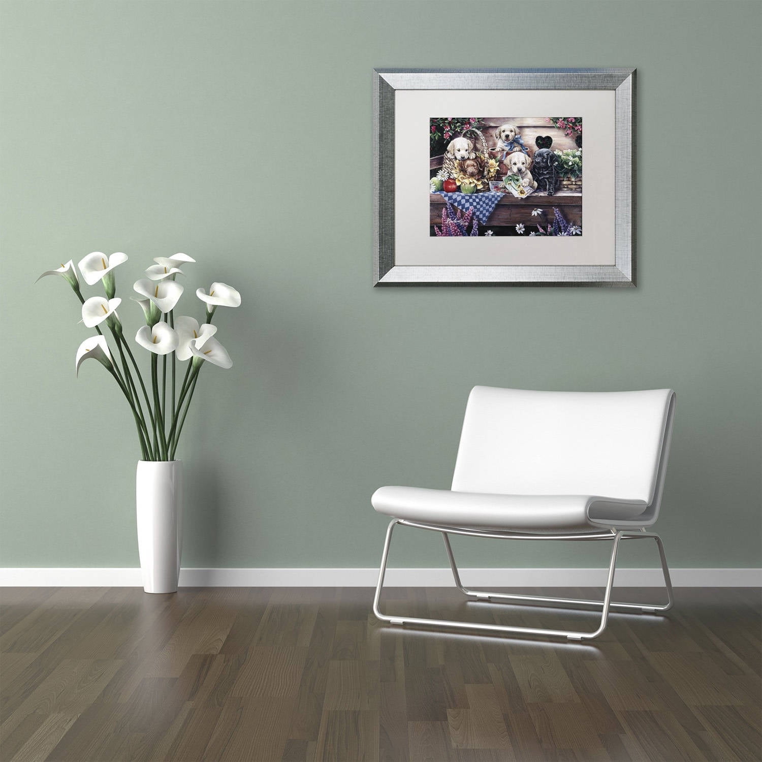 Trademark Fine Art 'Five Puppies' Canvas Art by Jenny Newland, White Matte, Silver Frame