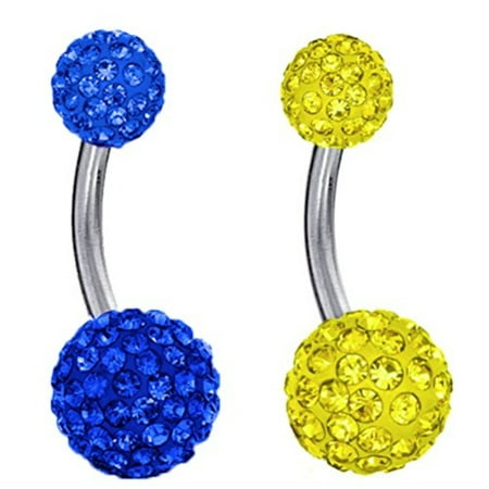 - BodyJ4You Belly Ring Crystal Ball Double Gem Blue Yellow Body Piercing Jewelry 2PCS