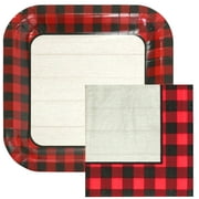 Iconikal 100-Piece Paper Dinner Party Pack, Woodgrain Buffalo Plaid, 40 Plates and 60 Napkins