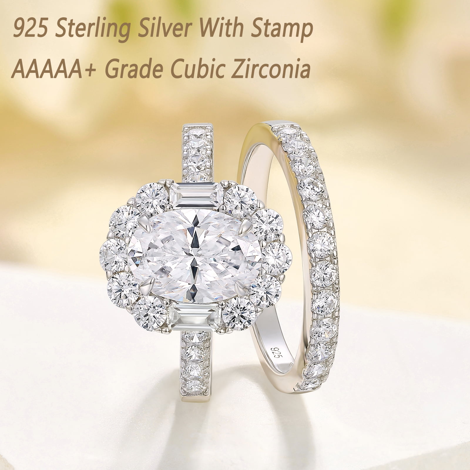 Wuziwen 3.6 Ct Oval Wedding Ring Sets Halo Engagement Rings for Women 925 Sterling Silver Cubic Zirconia Size 6