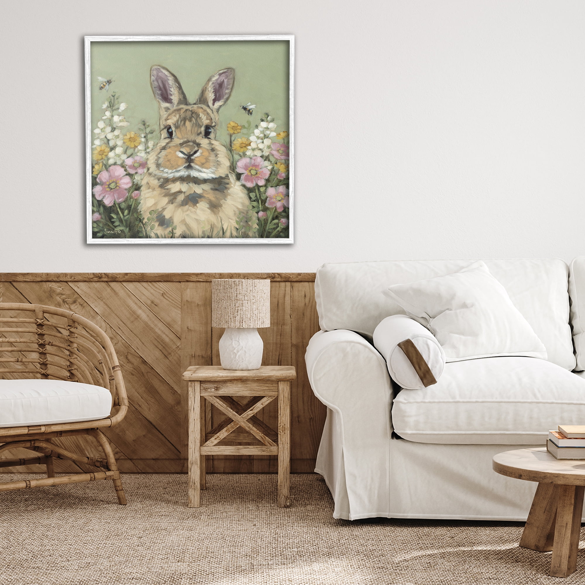 Stupell Industries Spring Abloom Rabbit White Framed Giclee Art, design by Sara G. Designs