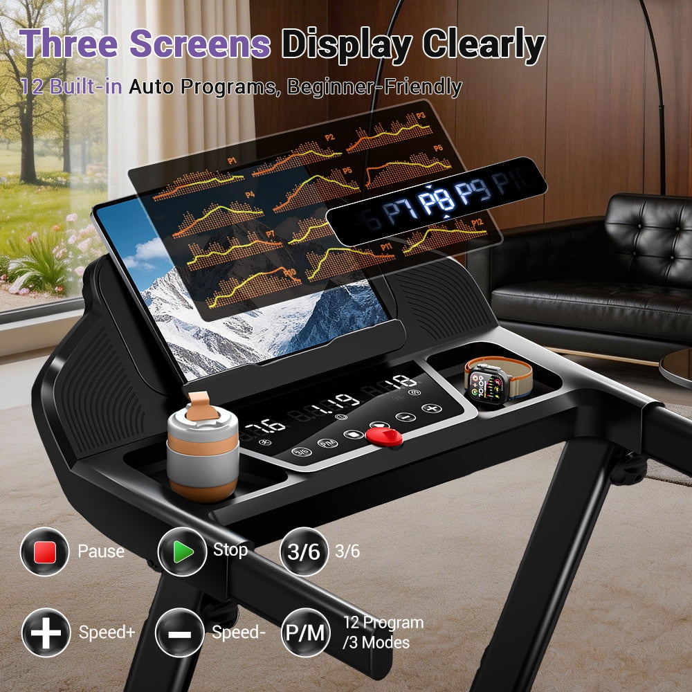 LEZEE 4-in-1 16% Incline Folding Treadmill for Home, 3.0HP Quiet Motor with 7-Layer Shock Absorption, 330 lbs Capacity, 3 LED Displays with Handrails