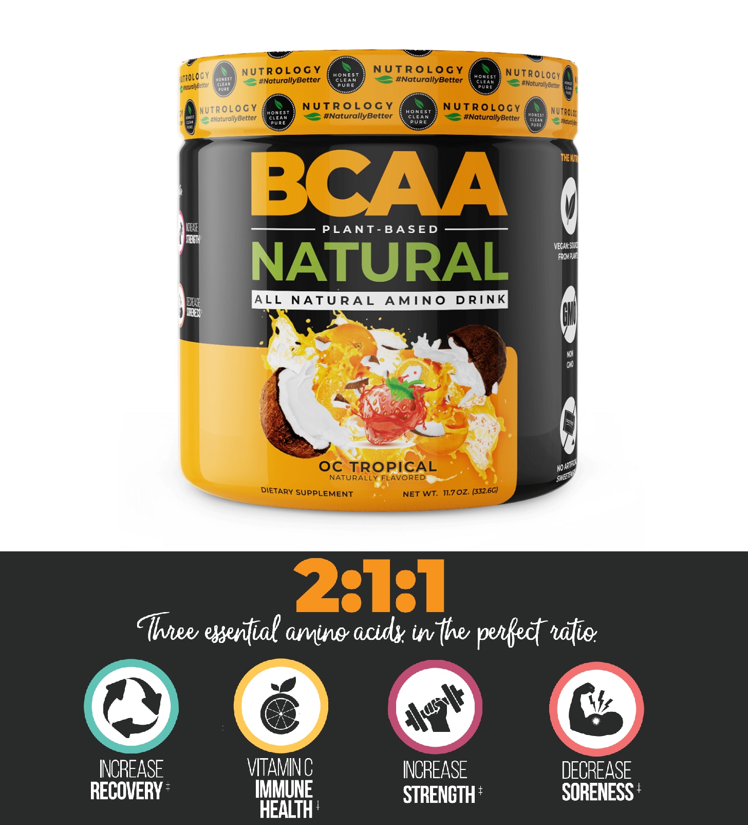Nutrology BCAA Natural Plant Sourced Amino Acid Drink OC Tropical 30 Servings Walmart