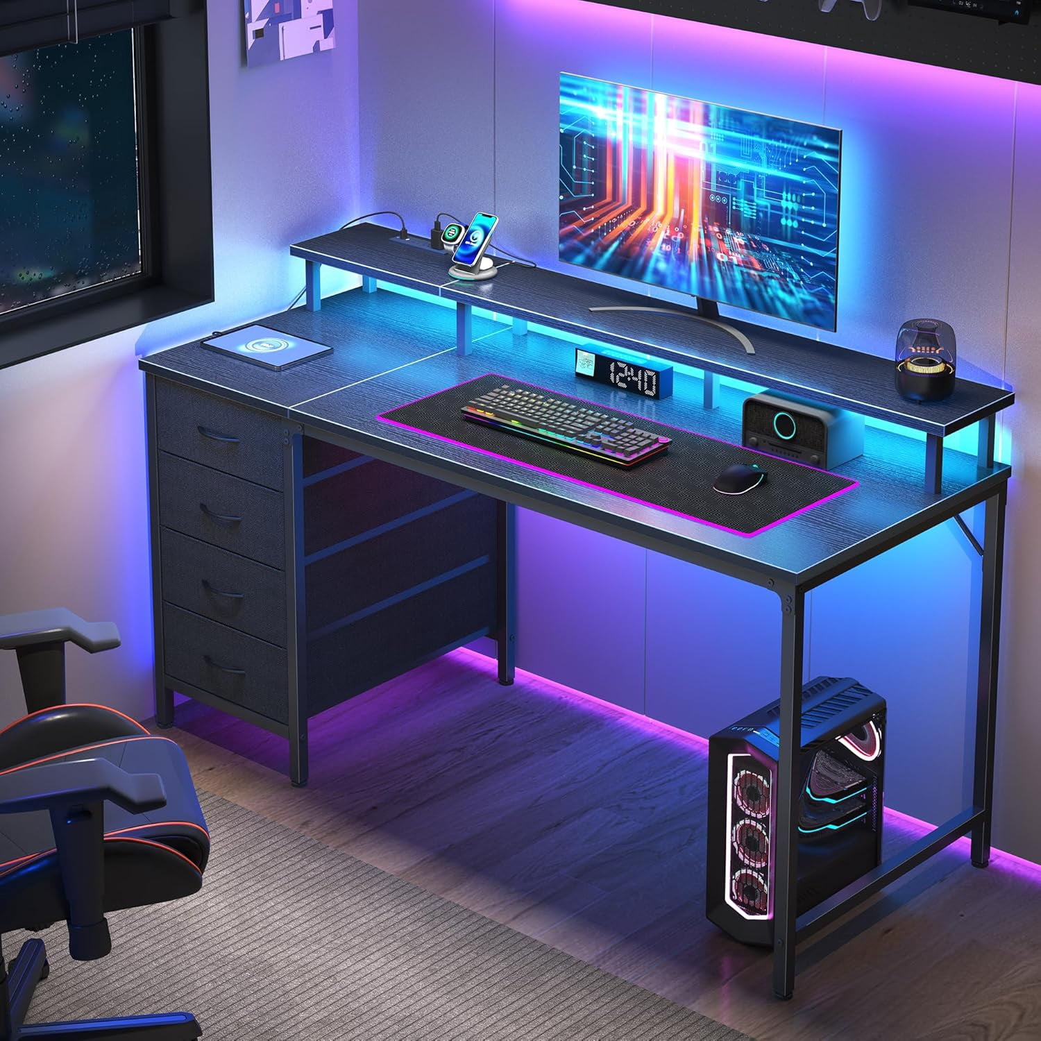 EDX 47 Inch Computer Desk with Power Outlets and LED Lights, Gaming Desk with 4 Drawers, Office Desk with Monitor Stand, Study Work Home Office, Small Spaces, Black