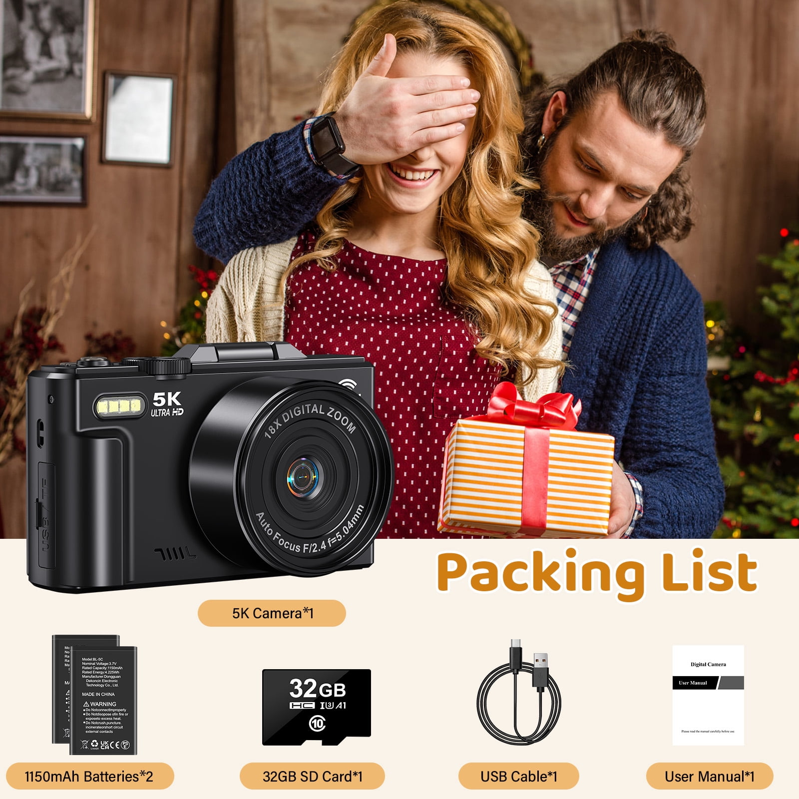 MARVUE Digital Camera 5K 75MP WiFi Vlogging Camera for Photography, Autofocus, 18x Zoom, Flip Screen with 32GB Card, Black