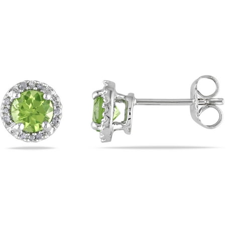 1-1/8 Carat T.G.W. Peridot and Diamond-Accent Sterling Silver Halo Stud Earrings