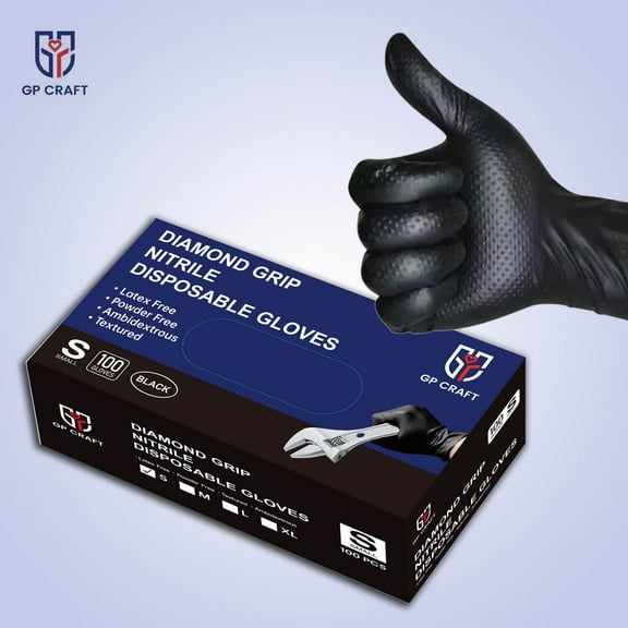 GP Craft  8Mil Diamond Textured Black Nitrile Gloves (Automative Work) Cleaning Hand Cover