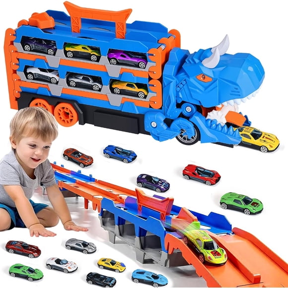 de Camión de Dinosaurios para Niños, Camión de Transporte Plegable con 18 Coches, Camión de Carreras Transformable con Dos Pistas, Coche Devorador de Dinosaurios, Regalo para Niños 3-8 Años