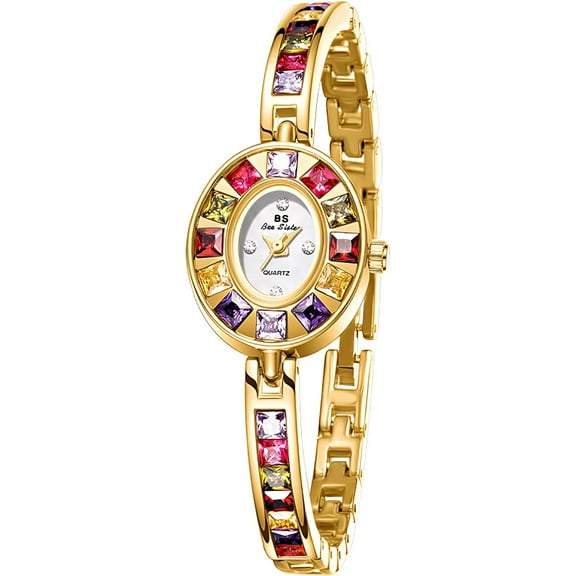 Vintage Women's Dress Watch Colorful Crystal Oval Bracelet Ladies Small Dial Quartz Waterproof Dainty Wrist Watch Adjustment Tool Included