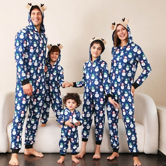Odeerbi Matching Family Christmas Pajamas Sets Hooded Onesie Sleepwear Boys Girls Cute Xmas Snowman Snow Print Plush Jumpsuit Family Parent-Child Wear Loungewear Sleepwear Jammies for Kids