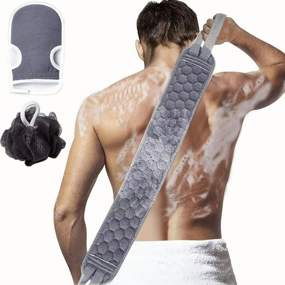 3-in-1 Exfoliating Bath Shower Set – Back Scrubber with Textured Dual-Sided Cloth, Exfoliating Mitt, and Loofah Sponge, Complete Body Care Kit for Men and Women