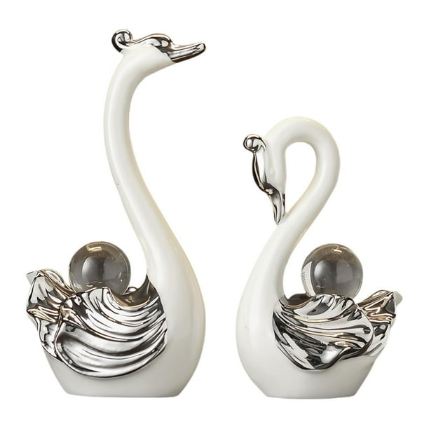 2 figuras de cerámica de cisne para decoración del hogar, estatuas coleccionables de animales. Blanco